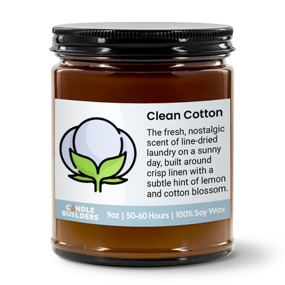 Jar of candle labeled 'Clean Cotton' with a white background
