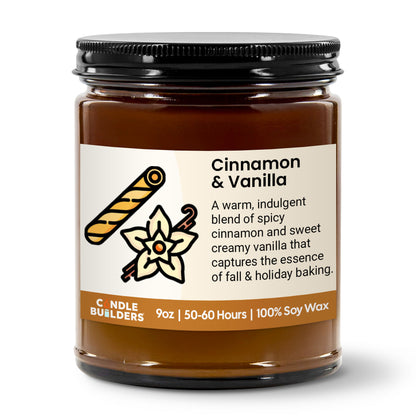 Jar of cinnamon and vanilla candle with label on a white background