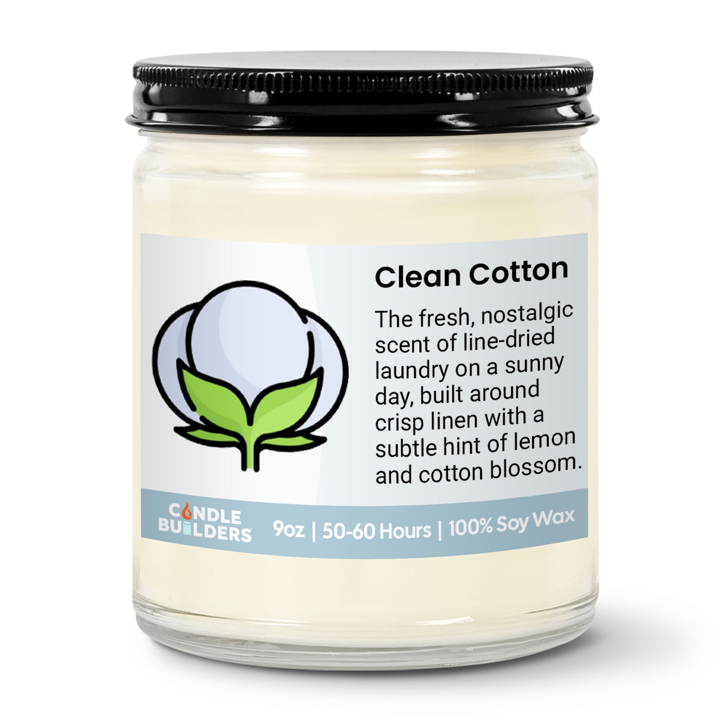 Candle jar labeled 'Clean Cotton' with a description of its scent on a white background