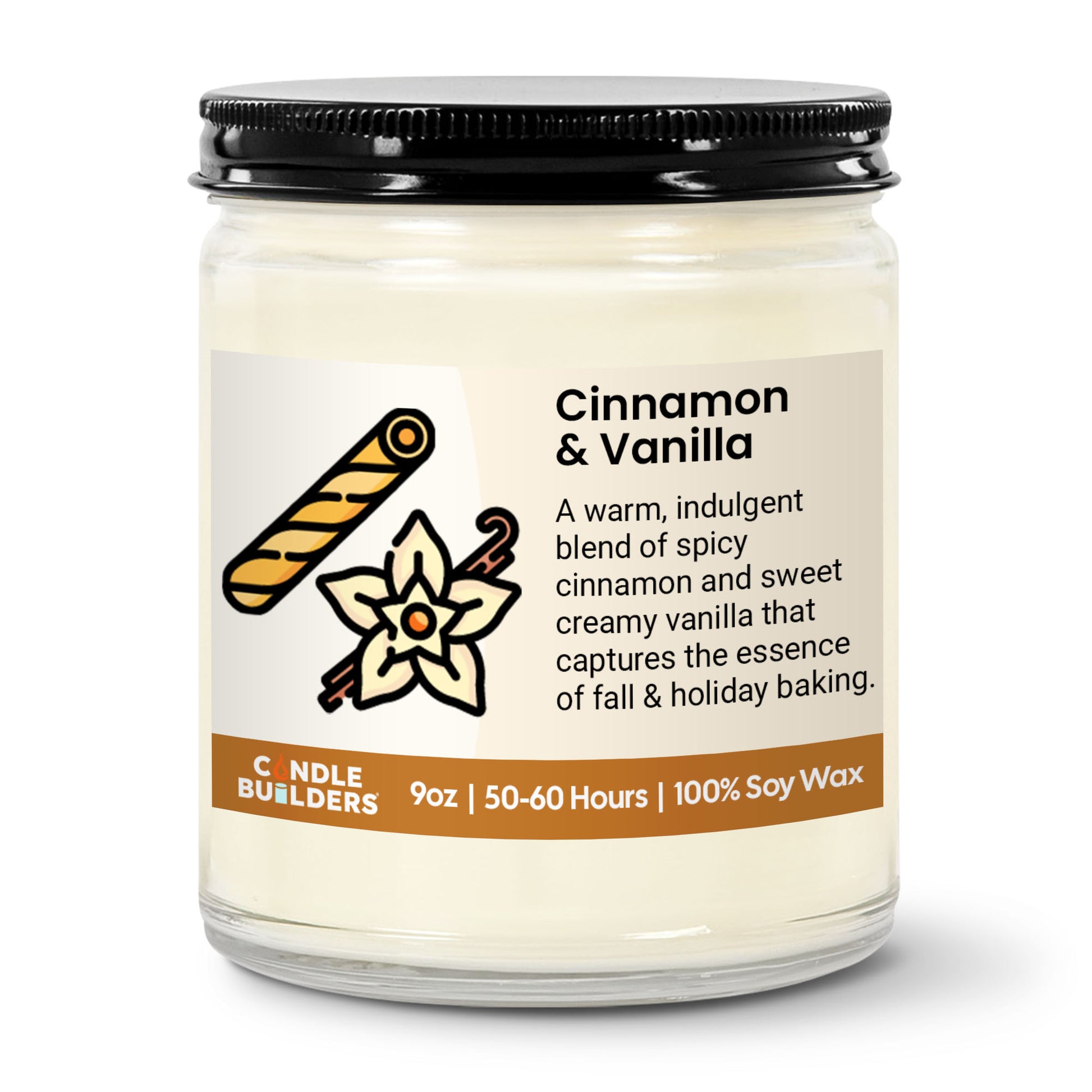 Candle with cinnamon and vanilla label on a white background