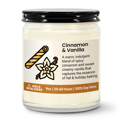 Candle with cinnamon and vanilla label on a white background