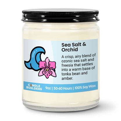 Candle with a label describing the scent 'Sea Salt & Orchid' on a white background