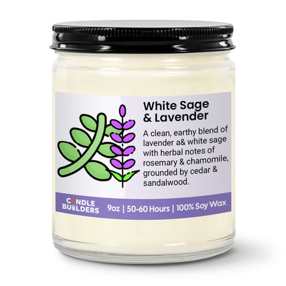 White Sage & Lavender candle in a glass jar with a black lid on a white background