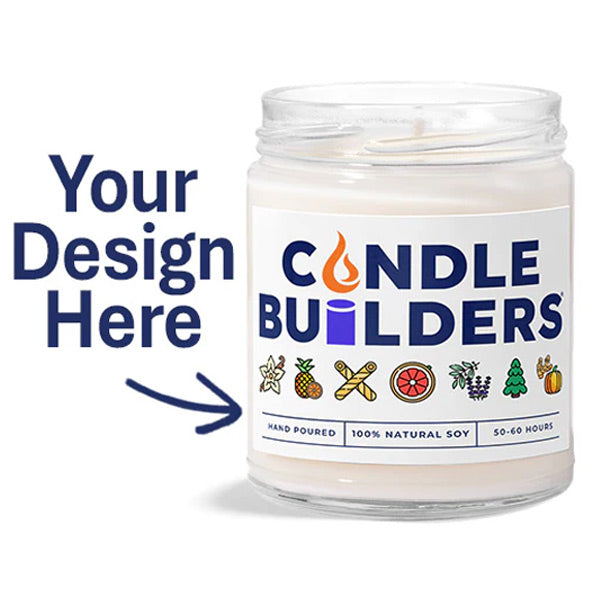 image showing our 9oz clear jar candle with the phrase next to it saying Your Design Here. This indicates you can customize your own candle brand with us.