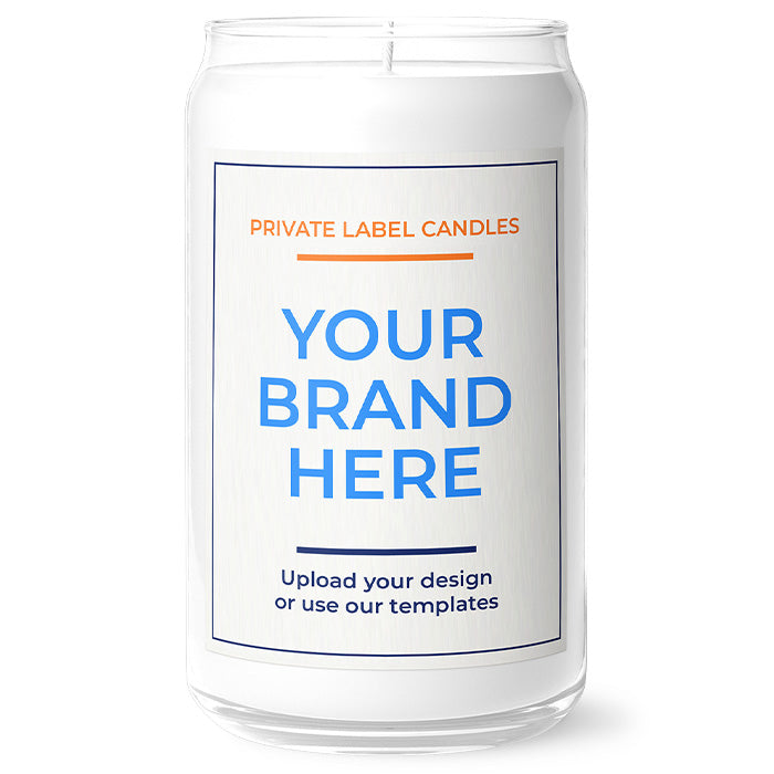 13.75oz clear jar candle with no lid. Label shows YOUR BRAND HERE, offering private label candles for wholesale. 