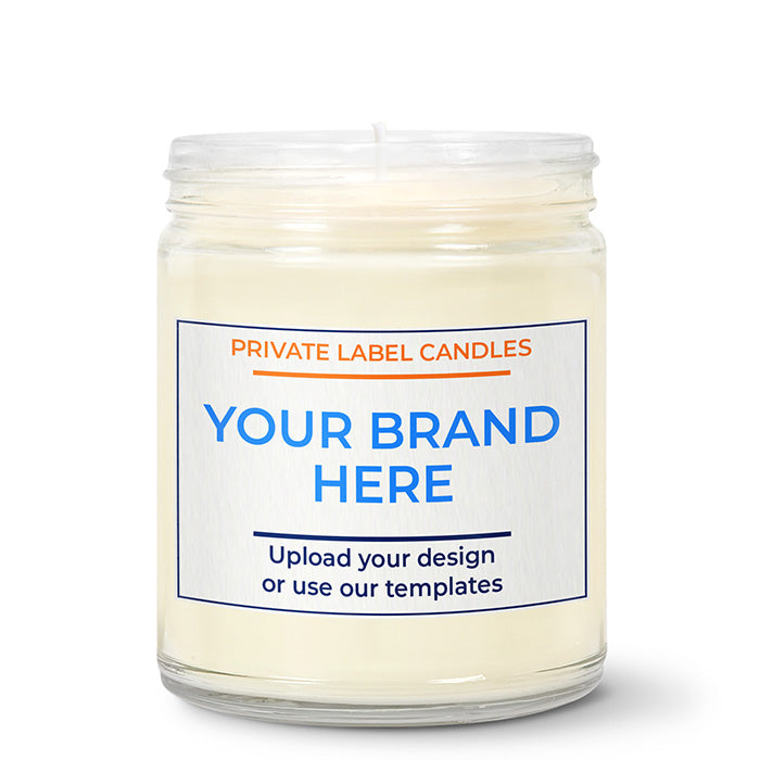 9oz clear jar candle with no lid. Label shows YOUR BRAND HERE, offering private label candles for wholesale. 