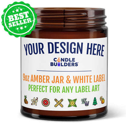 Best Seller - Image of a 9oz amber candle jar with a customizable label showing the full color options. 

