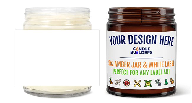 Amber jar with white label and candle on a white background