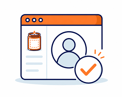 Flat vector illustration of a web browser window showing a product page with a candle jar icon, a user profile silhouette, and a checkmark badge.