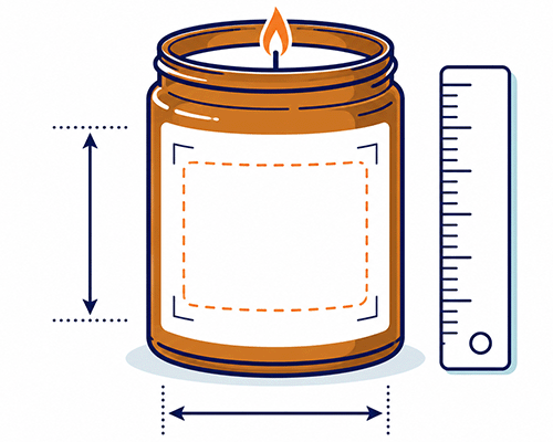 Illustrated candle jar with a flame, shown with dimension arrows and a ruler to communicate label size information.
