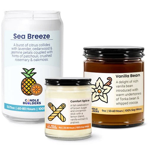 Three candles with labels indicating their scents and brands on a white background